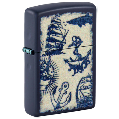 Зажигалка ZIPPO Морская с темно-синем матовым покрытием | Nautical Design Navy Matte, латунь/сталь, синяя, матовая, 38x13x57 мм