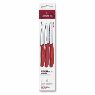 Набор из 3 ножей VICTORINOX Швейцарская классика | Swiss Classic: нож для овощей 8 см, нож для овощей 10 см, столовый нож 11 см, красная ручка