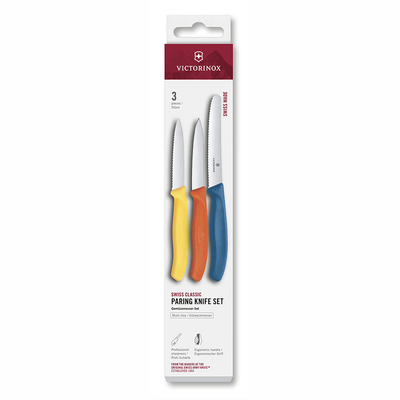 Набор из 3 ножей для овощей VICTORINOX: желтый нож 8 см, оранжевый нож 8 см, голубой нож 11 см