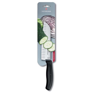 Нож сантоку VICTORINOX SwissClassic, рифлёное лезвие 17 см, чёрный, в картонном блистере