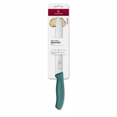 Нож для хлеба VICTORINOX Швейцарская классика | Swiss Classic, лезвие 21 см с волнистой кромкой, зелёный, в блистере