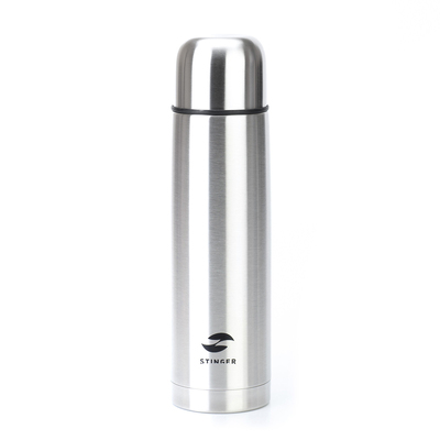 Термос Stinger с чехлом, 1 л, узкий, сталь/кожзаменитель, с чехлом, серебристый, 8,6 х 8,6 х 31,4 см