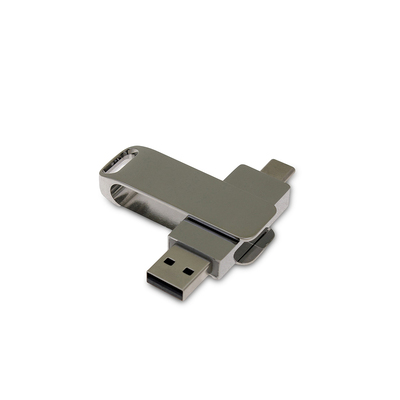 USB 2.0- флешка на 16 Гб поворотный механизм 2 в 1, c дополнительным разъемом Type-C с одноцветным металлическим клипом, серебристый